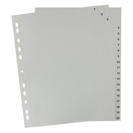 Dividers/Index Sheets, Polypropylene, DIN A4 with Numbers 1–20, Full Coverage, Cover Sheet Made of Sturdy Paper for Labelling, 5-Pack of 20 Dividers, Extra Wide for Organising Files in the Office