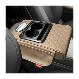 SHMZK Car Center Console Armrest Pillow, Leather Car Armrest Cushion with Cup Holder & Phone Holder, Universal Armrest Storage Box Protector for Most Vehicles, Car Accessories (Beige, Embroidered)