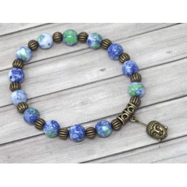 Tibetan vintage bracelet for women in tinted jade beads in blue and green with Buddha head charms