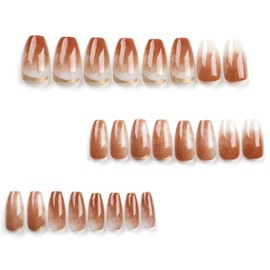 BAOYAALIN Brown Press on Nails Short Medium Coffin Fake Nails with Design Gel Glue on Nails for Women Girls Full Cover Acrylic False Stick on Nail Manicure for Wedding 24Pcs