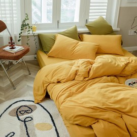 Comfortable & Soft 3 Piece Gentle Breathable Texture Cotton Duvet Cover King Size Solid Hued Tidy Design | All Seasons Fall Bedding Yellow Mustard Color Zipper Closure Warm Plush Cozy Luxury