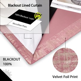 always4u 100% Blackout Soft Velvet Curtains for Bedroom Living Room Thermal Energy Saving 95 Inches Long Luxury Gold Foil Print Drapes 2 Panels Wild Rose