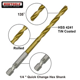 NORTOOLS 5 Pieces HSS Roll Forged Titanium Twist Drill Bit Set with Hex Shank 2 3 4 5 6 mm