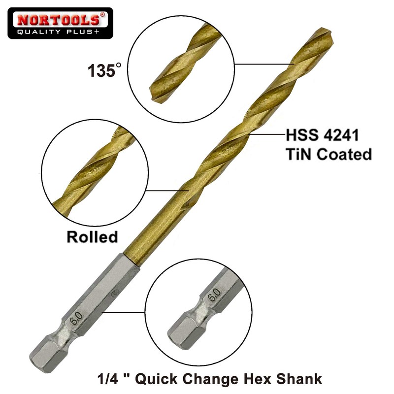 NORTOOLS 5 Pieces HSS Roll Forged Titanium Twist Drill Bit