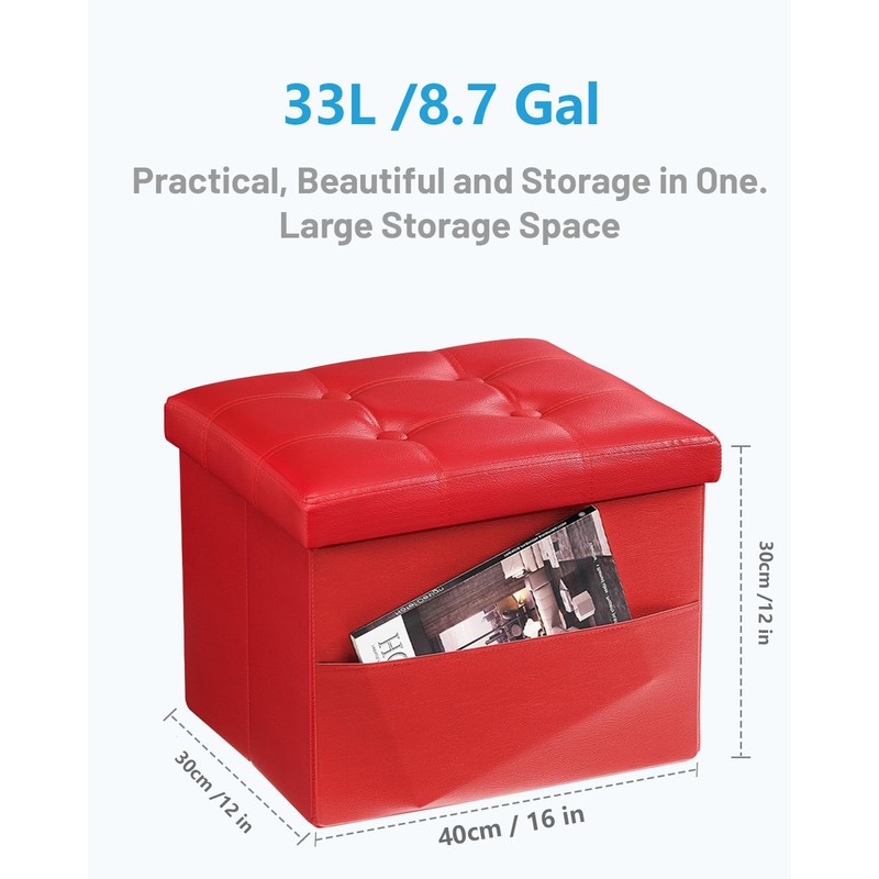 AmasSmile Red Storage Ottoman Folding Foot Rest Stool with Side