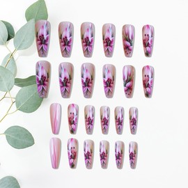 KTAABTR 24Pcs Pink Flower Press on Nails Long Almond Nails Lily Fake Nails with Glue Reusable Acrylic Nails Supply Full Cover Flowers Stick on Nails for Women Girls