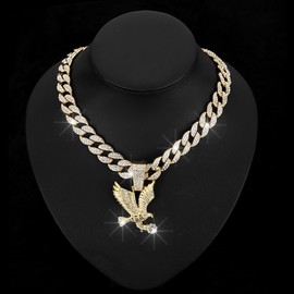 Generic Dazzling Animal Eagle Cuban Link Chain Pendant Necklace for Men Boys,Chunky Hawk Charm Bling Iced-out Necklace Bald Eagle Wings Neckalce Fashion Biker Cool Anime Hip hop Jewelry, Large, Gold