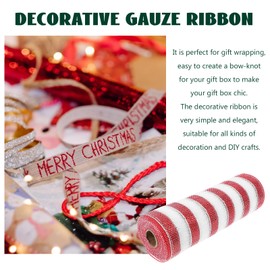 BESPORTBLE 1 Roll Christmas Poly Mesh Ribbon - Metallic Red and White Stripe - Candy Cane Decorative Craft Ribbon for DIY Wreaths Christmas Tree Embellishments Home Party Decor