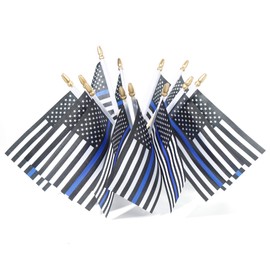 12 Pack Thin Blue Line Police Small Mini American Flag on Wooden Stick Police Honoring Law Enforcement Officers Flags (12pack)