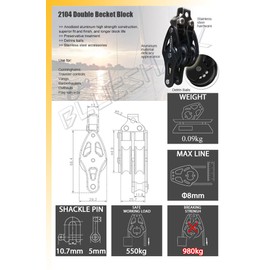 BLUESHARK 28mm Fixed Double Aluminum Becket Sailing Block Choose Quantity (2-Pack) 2104