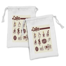 Ambesonne Coffee Fabric Pouch Set of 2, Coffee House Pattern Abstract Design Elements Traditional Grunge Effect, Small Drawstring Bag for Toiletries Masks and Favors, 9" x 6", Beige Maroon Green