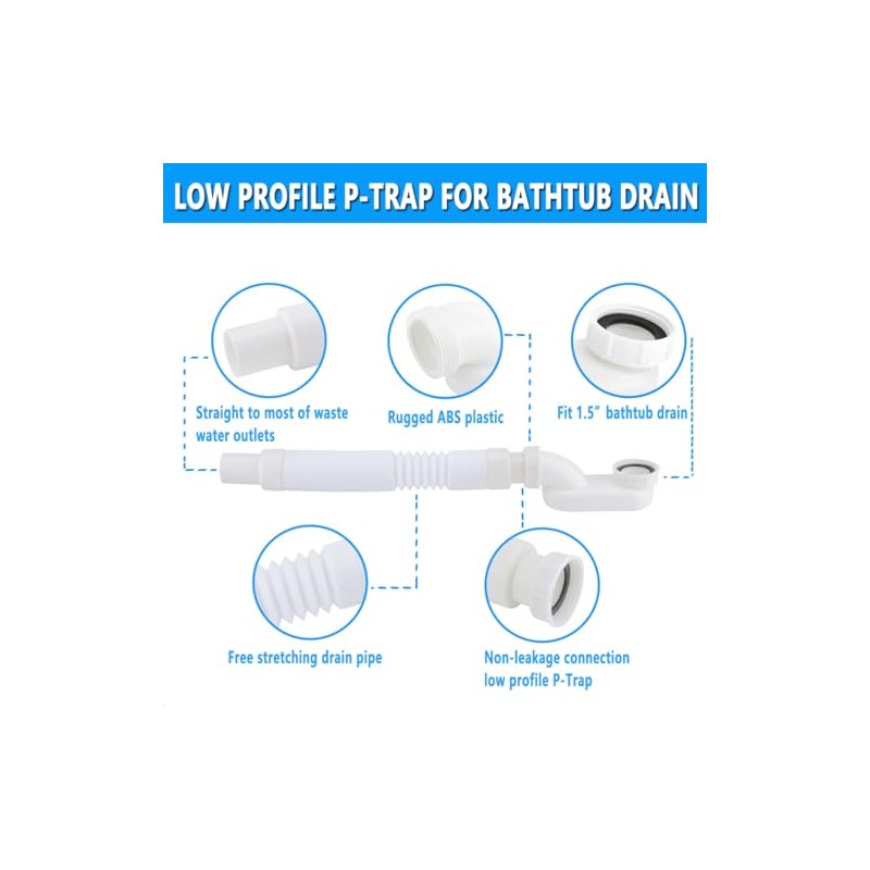 Cinsda Bathtub Shower Drain Pipe, Low Profile Flat 1 1/2