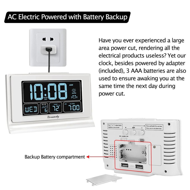 DreamSky Alarm Clocks for Bedrooms with Battery Backup, Auto Set