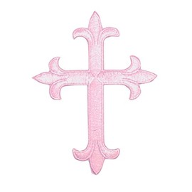 4" Cross, Fleur de lis, Religious, Embroidered, Iron-on Patch (Light Pink)