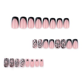 Black Press on Nails Medium Square Fake Nails French Tip False Nails with Heart Stripes Design Glue on Nails Rhinestone Full Cover Stick on Nails Reusable Acrylic Nails for Women Manicure 24Pcs