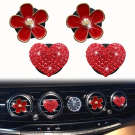 4 Pcs Red Bling Daisy and Red Heart Car Air Fresheners Vent Clips Diffuser Vent Clip Rhinestone Diamond Decoration Car Interior Decor Cute Accessories for Women, Automotive Air Fresheners