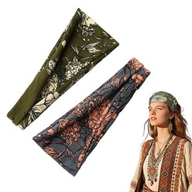 Boho Hair Bandanas for Girls Women Vintage Boho Headband for Short Long Hair Accessories for Braids Ponytail Floral Print Bandana Elastic Wide Yoga Headbands for Women Girls Non Slip Hairband 2 Pcs