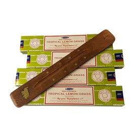 Satya Incense Sticks, 4 Packs x 15g, with Incense Holder, Tropical Lemon Grass