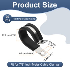 PATIKIL 7/8 Inch Cable Clamps, 20 Pcs 304 Stainless Steel Conduit Clamp Cable Rigid Pipe Strap Metal Rubber Clips for Pipes Wire Line Hose Bracket Tube Holder, Black (22.2mm)
