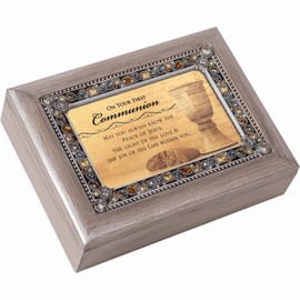 Cottage Garden First Communion Peace of Jesus Joy Life Brushed Silvertone Jeweled Music Box Plays On Eagle's Wings
