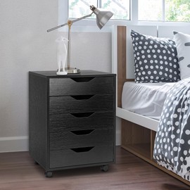 SUPER DEAL 5 Drawer File Cabinet for Home Office, Wood Under Desk Filing Cabinet Mobile Printer Stand Rolling Storage Organizer with Lockable Casters for Apartment Small Spaces, Black