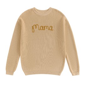Family Matching Outfits Mommy and Me Cute Letter Embroidery Crew Neck Long Sleeve Sweater Top, Khaki, XX-Large