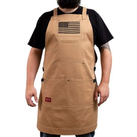 JayCee's Perfect Apron for BBQ, Grill, Chef, Hobby, Garden, or Workshop. Comfortable Cross Back Design, Quick Release Buckle, 5 Pockets. 2 Tool/Towel Loops. Tan Brown with Flag