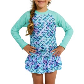 HODOSPORTS Girls Rash Guard Shirts Swimsuit UPF 50+ Quick Dry Two Piece Long Sleeve Bathing Suits HSRGSG004-Blue Mermaid 6-7