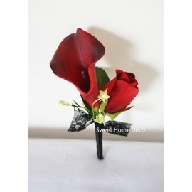 Sweet Home Deco Silk Rose Latex Calla Lilies Wedding Bridal Bridesmaid Bouquet Wrist Corsage Pin Boutonniere in Red/Black (Red/Black-Boutonniere)