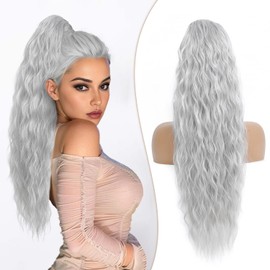 Grey Drawstring Ponytail Extension Pony Tails Hair Extensions 26 Inch Synthetic Gray Long Curly Wavy Ponytail Hairpiece for Women Girls, Grey