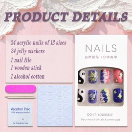 Square Press on Nails Colorful Fake Nails with Star Sun and Tai Chi Design Glossy Short False Nails Artificial Glue on Nails Full Cover Stick on Nails for Women Girls Manicure Decoration 24Pcs
