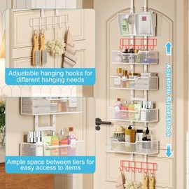 Hongtamoya Adjustable Over The Door Organizer, Hanging Door Storage with PVC Pocket and 4 Metal Baskets Wall Mount, Closet Door Organizer Behind Door Rack for Bathroom Bedroom Closet, White