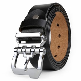 JingHao Men's Leather Belt, 110 cm - 160 cm, Denim Belt, Metal Retro Denim Large Waist Men's Belt, 38 mm Wide, Black, Brown, LA10, Silver buckle + black