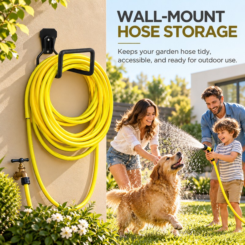 Wall-Mounted Garden Hose Holder – Black Metal Hose Hanger for