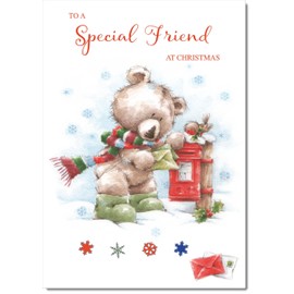 doodlecards Special Friend Christmas Card Cute Bear at Post Box Medium Size Christmas Card for Special Friend with Plain Envelope