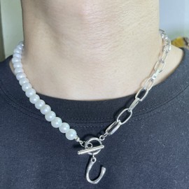 Initial Pearl Necklace for Women,Stainless Steel Paperclip Chain Cuban Link Chain Necklace for Men,Letter A to Z Initial Necklaces (U, Stainless Steel)