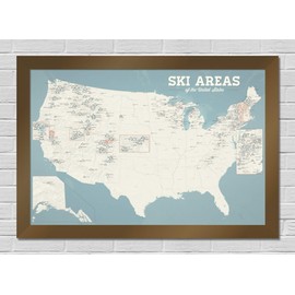 US Ski Resorts 24x36 Poster (Beige & Opal Blue | Bronze Frame)