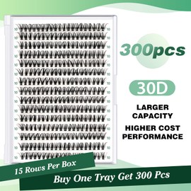 Lash Clusters 300pcs Individual Lashes 30D 0.07D Curl 10mm DIY Eyelash Extension KEYYOU Large Tray Volume Soft&Natural Cluster Lashes(30D-0.07D,10）