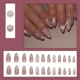 Almond Press on Nails Medium False Nails Cat's Eye False Nails with Butterfly Designs Glue on Nails Glitter Stick on Nails Rhinestones Artificial Nails for Women 24pcs