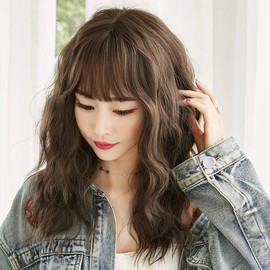 URCGTSA Long Wavy with bangs Synthetic Wigs for women Party Wigs Natural Looking Heat Resistant Fiber Hair 22 Inches Cold brown