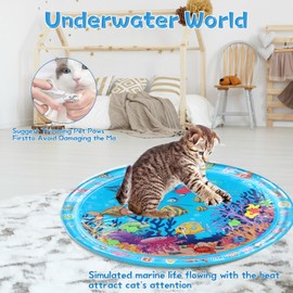 Cat Water Bed Play Mat, Ocean Thickened Water Sensor Cat Toy, Anti-Scratch Design Pet Water Mat with Fish,Interactive Sensory Play Sleeping Mats for Summer with Air Pump