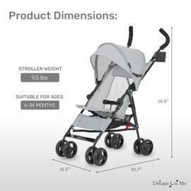 Dream On Me Rover Convenience Baby Stroller in Gray, Lightweight & Compact Umbrella Stroller, Easy one-Hand fold Travel Stroller, Lockable Rear Wheels, Removable & Adjustable Canopy