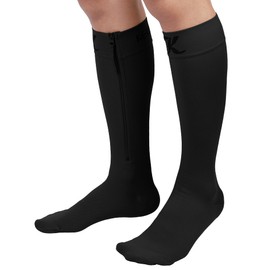 KEKING® - Calcetines de compresión con cierre para hombres y mujeres, puntera cerrada, 20-30 mmHg de soporte firme hasta la rodilla con cierre alta para pantorrilla ancha, venas varicosas, TVP, espinillas, edema, lactancia, negro, XXL