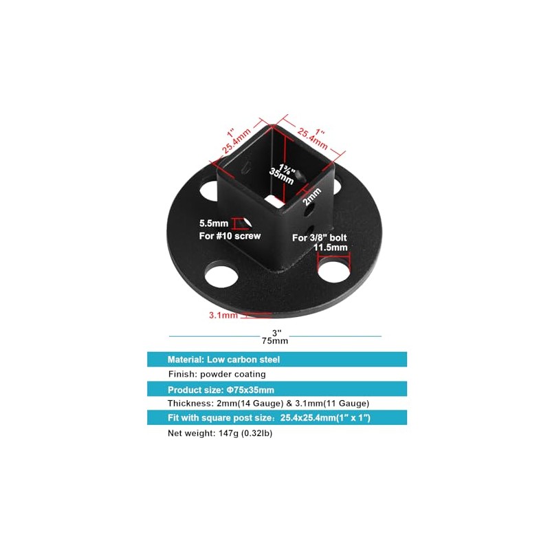 OTTFF 8 Pack Black Square Post Flange Base Anchor Fits