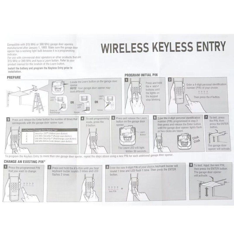 Garage Door Wireless Keypad, 315 390MHz Door Opener Remote for