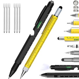 JESWO 2PCS Bolígrafo Multifuncional, 9 en 1 Pluma Multifuncional con Luz LED+Destornillador de Doble Propósito+Regla+Abrebotellas+Niveles+Stylus, Regalo Ideal para Hombres/Papás/Maridos