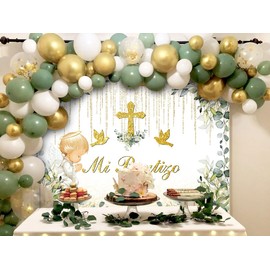 Avezano Mi Bautizo Backdrop Greenery Baptism Party Decorations Sage Green Eucalyptus and Gold Angel God Bless Photography Background Christening Newborn Baby Shower Banner Props (Green, 7x5ft)
