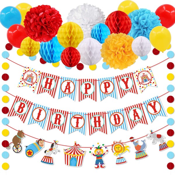 30pcs Carnival Circus Party Decorations Supplies, Carnival Birthday Party Ideas, Circus Happy Birthday Banner Balloons Tissue Paper Flowers Pom Poms Honeycomb Ball Circle Dots, Hanging Garland Banner for Circus Birthday Baby Shower Clown Backdrop Supplies