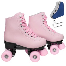 Wiwiy Roller Skates for Women Men, Leather High Top Double-Row Skates Pink, for Beginner Indoor Outdoor Roller Skates(Women's 8.5 / Men's 7.5)