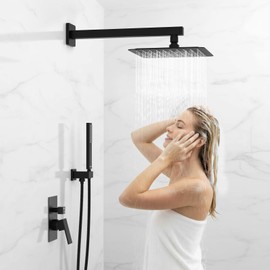 Black Shower System Sets Faucet: EMBATHER 10 Inch Overhead Rainhead Shower Combo Set with Handheld and Valve-Luxury Rain Mixer Rainfall Black Shower Faucets Sets Complete